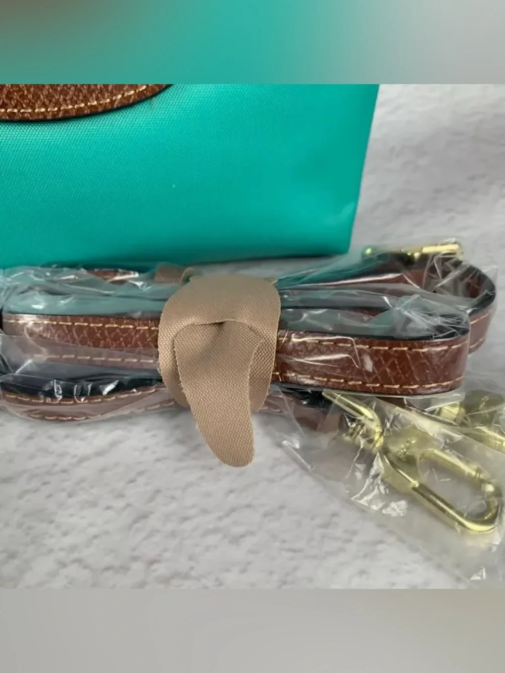 Longchamp Small Top-Handle Mini Bag in Teal with Brown Trim - Picture 3 of 5
